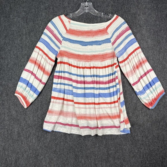 Anthropologie Meadow Rue Smoked Peasant Top Striped White Blue Red SZ XS EUC - Picture 4 of 8